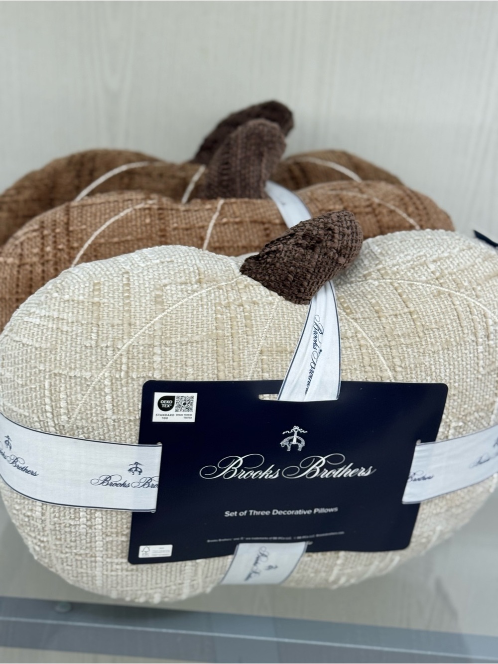 Brooks Brothers Cream and Brown Decorative Pumpkin Throw Pillows (Set of 3)